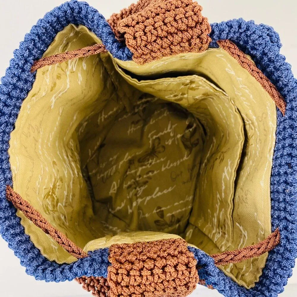 Shoulder Bag Handmade Crochet Bucket Bag Blue Brown Knit Ruffle Trim Drawstring